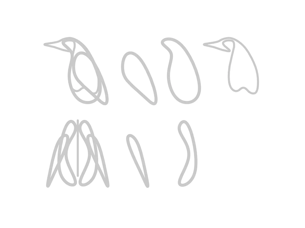 Grey outline drawings of the penguin's loops, with the combined side view and each separate loop on the top row, and the combined front view and two loops below.
