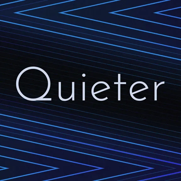 The word Quieter in thin white lettering over glowing blue zigzag lines on a dark background.