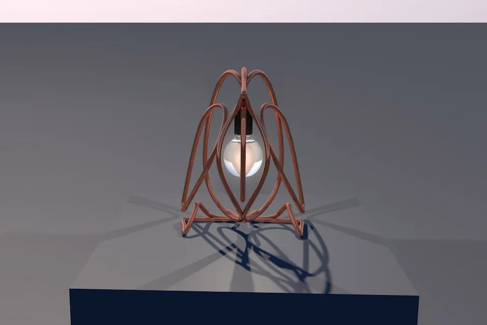 Test render of the penguin lamp head-on, with the wings either side of the glowing bulb.