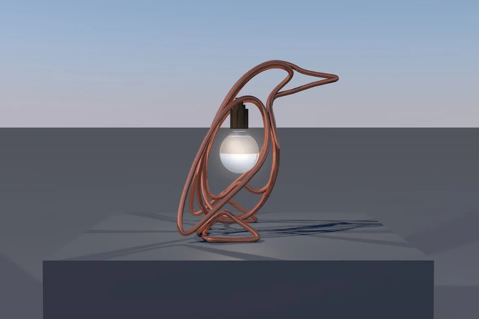 Test render of the copper penguin lamp in side profile on a grey plinth under a pale sky.