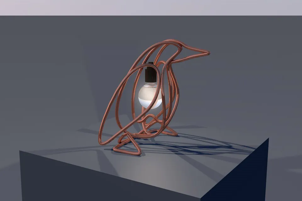Test render of the penguin lamp from a raised three-quarter angle, casting a shadow across the plinth.