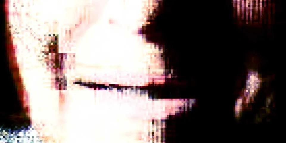 An extreme close-up of a smiling mouth, broken into blocky pink, white, and black pixels.