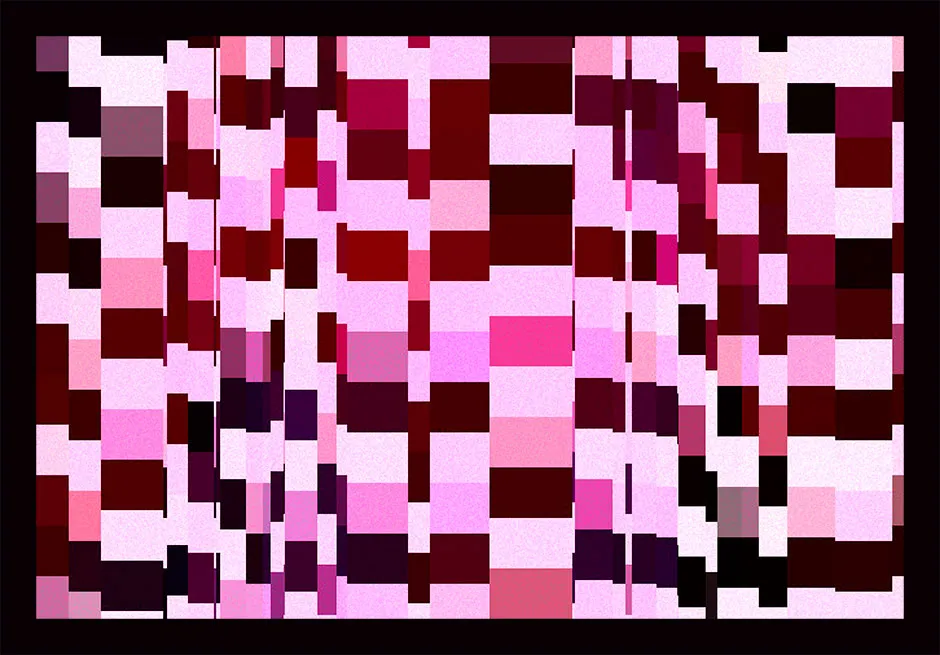 Irregular columns of pale pink, maroon, and dark red rectangles inside a black border.