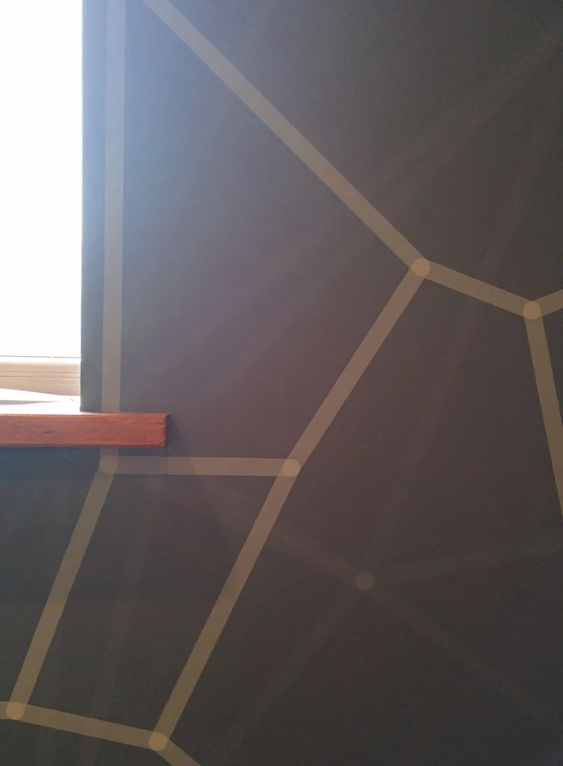 A close-up of cell lines and their joining points on the wall beside the window sill, lit by daylight.