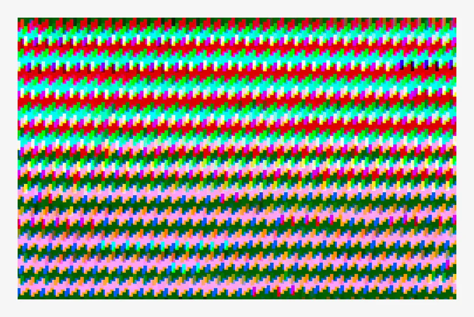 Diagonal rows of small stepped blocks in red, cyan, green, and white across the top half, shifting to pink, orange, blue, and dark green below.