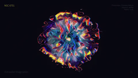 A glowing, ragged sphere of blue, yellow, and red swirls on a dark background, labelled like an astronomical image of the planetary nebula NGC 6751.