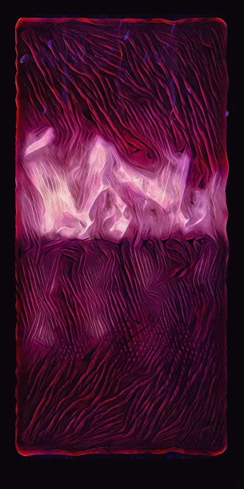 A tall panel of fine magenta and red wavy lines, with a bright pink glowing band across the middle.