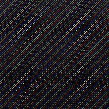 Fine diagonal lines in dark red, green, and blue shifting into bright speckled moiré stripes.