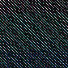 A teal grid of fine dots with interference bands, opening into a large blocky checkerboard.