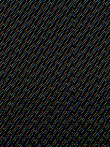 A dark square of faint grid lines between black margins, drifting into fine coloured diagonals.