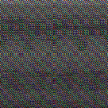 A grey grid that swells into bright orange and blue diagonal moiré bands.