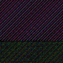 Purple and green diagonal lines breaking into scattered multicoloured pixel noise.