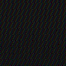 A dark grid between black margins that develops red and blue diagonal stripes.