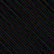 A dark field of faint diagonal lines in red, green, and blue.